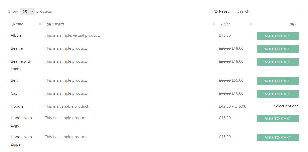 Default Product Table Default Product Table