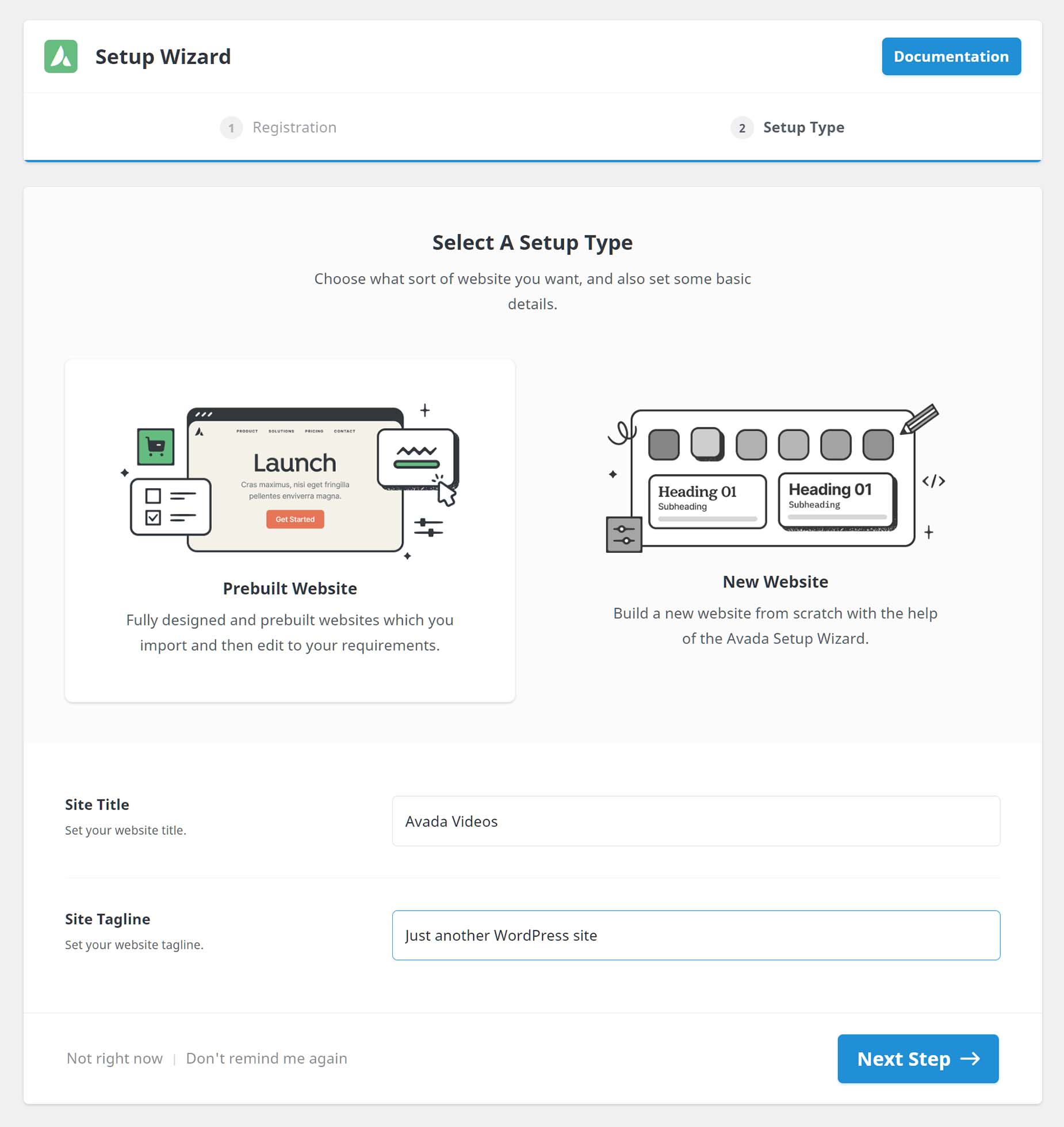 Avada Setup Wizard > Step 2 - Setup Type