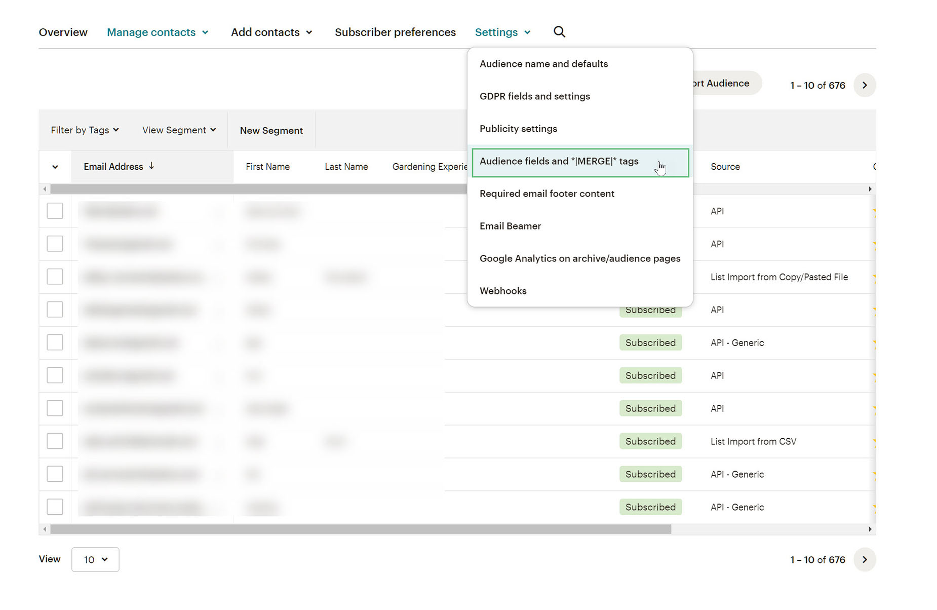 Settings > Audience Fields and Merge Tags